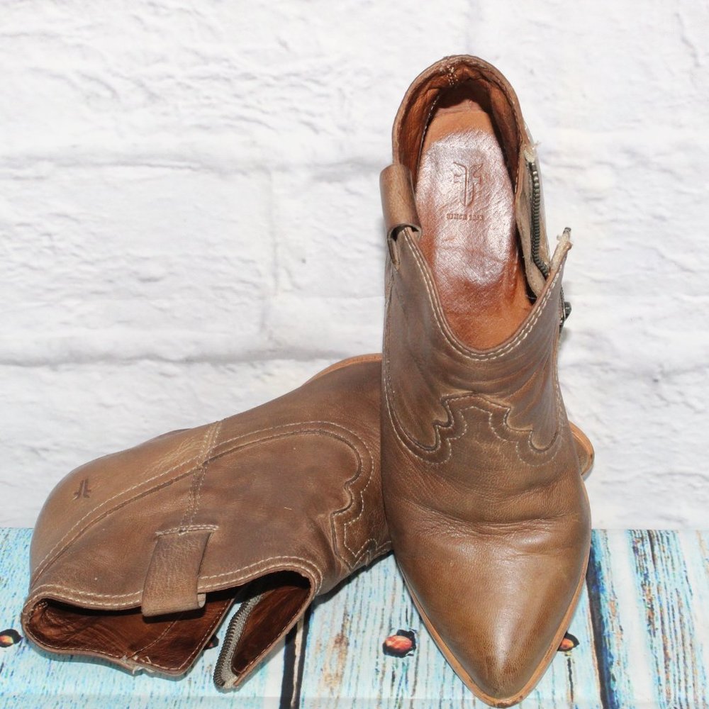 Frye Side Zip Pointed Toe Ankle Heeled Leather Boots Size 6.5 - Picture 9 of 9